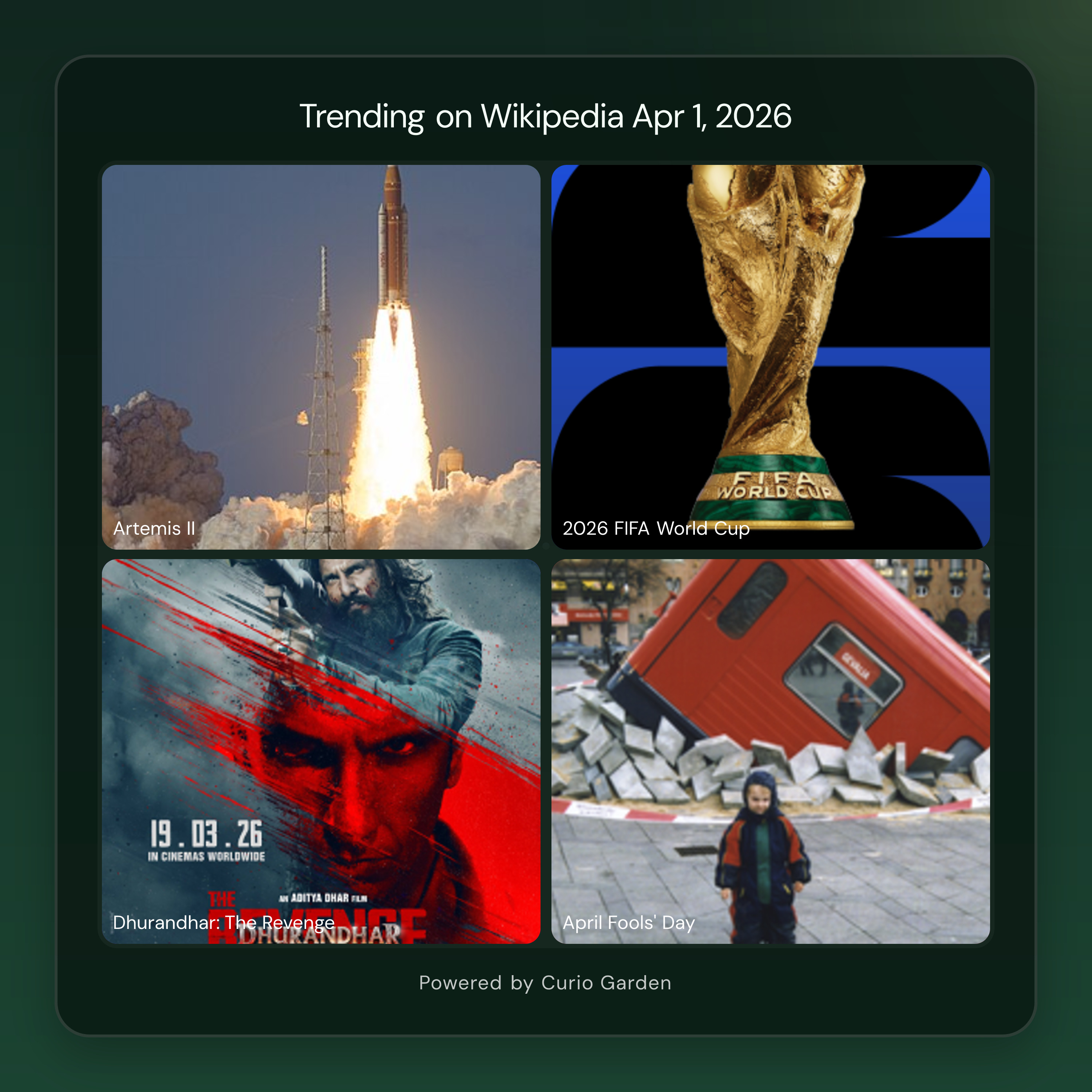 Artwork for Artemis II launches historic lunar mission as World Cup qualification concludes and April Fools' pranks circulate