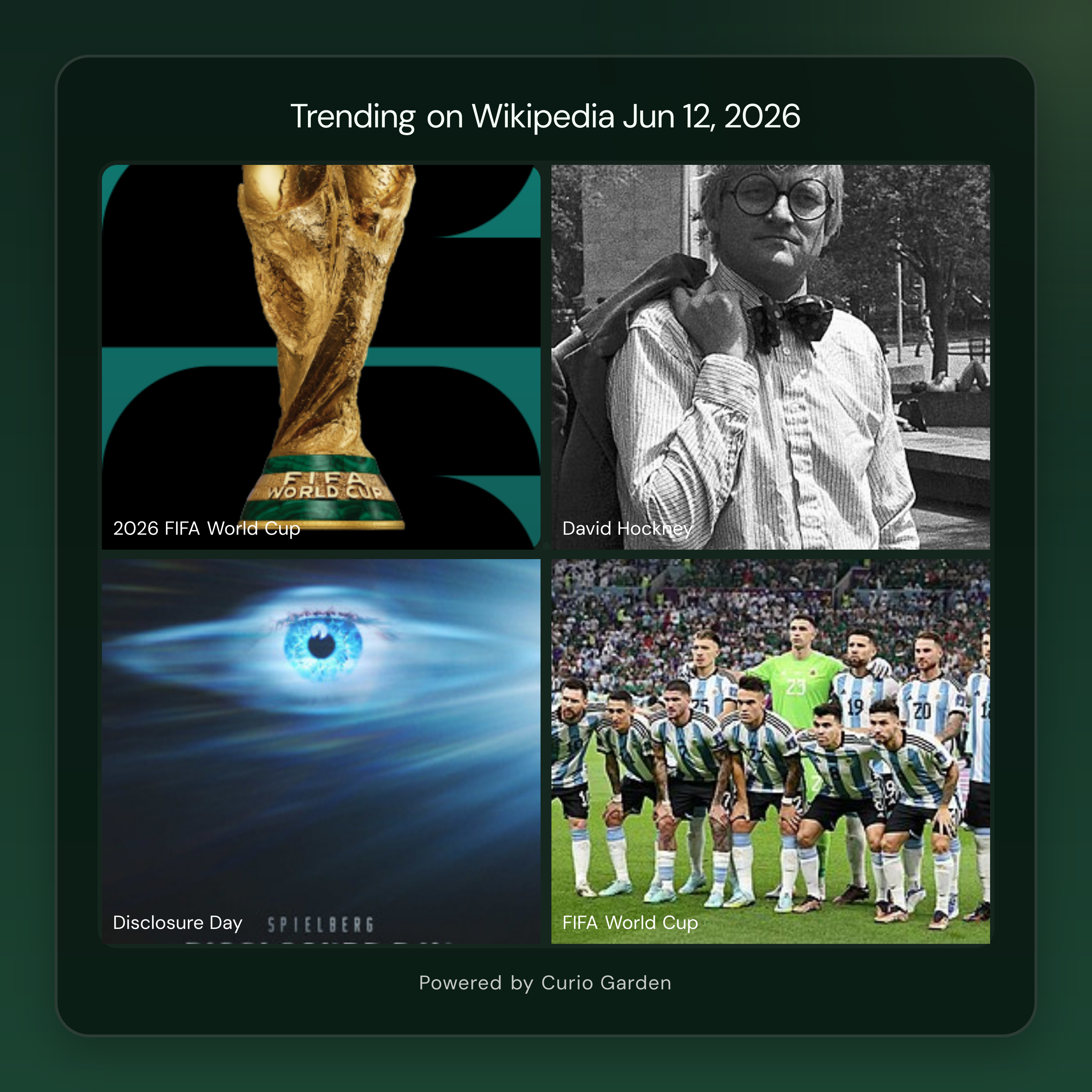 Artwork for World Cup Kicks Off, Art World Mourns Hockney, and SpaceX Makes IPO History